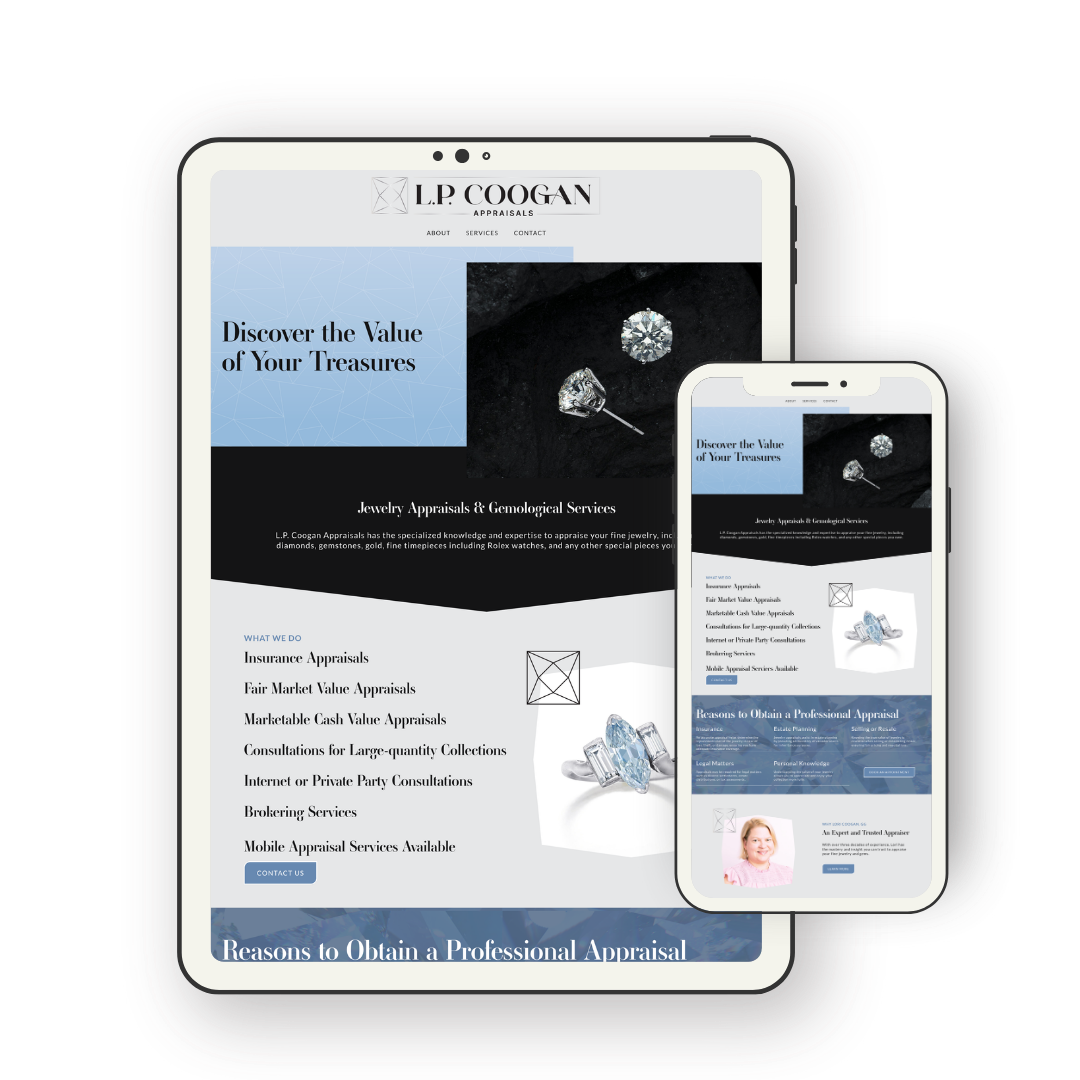 A website for L.P. Coogan Appraisals on a tablet and phone screens, showcasing jewelry appraisal services, with images of diamonds and jewelry.