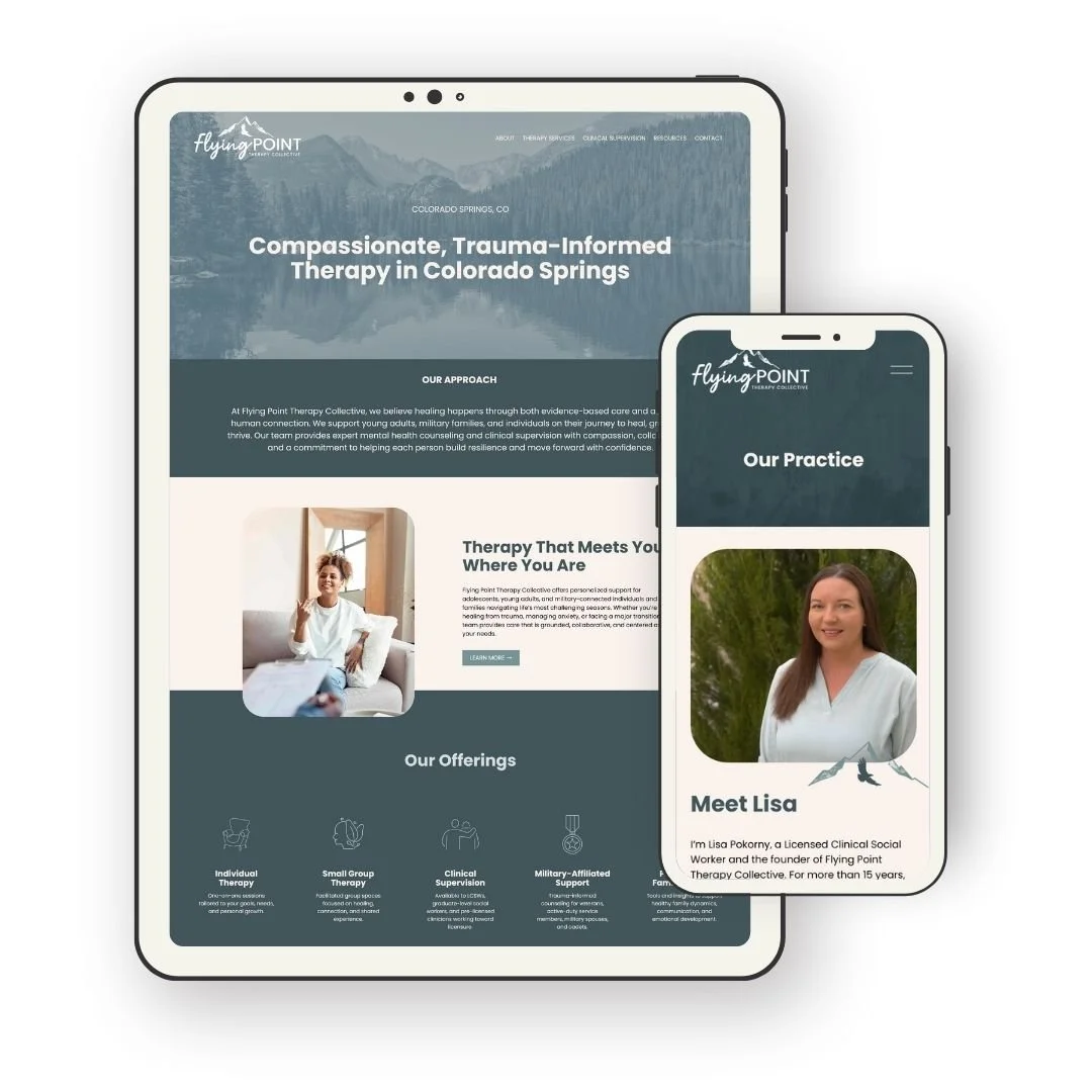 Tablet and smartphone displaying a therapy clinic's website with the title 'Compassionate, Trauma-Informed Therapy in Colorado Springs,' and a woman smiling, labeled 'Meet Lisa' on the mobile screen.