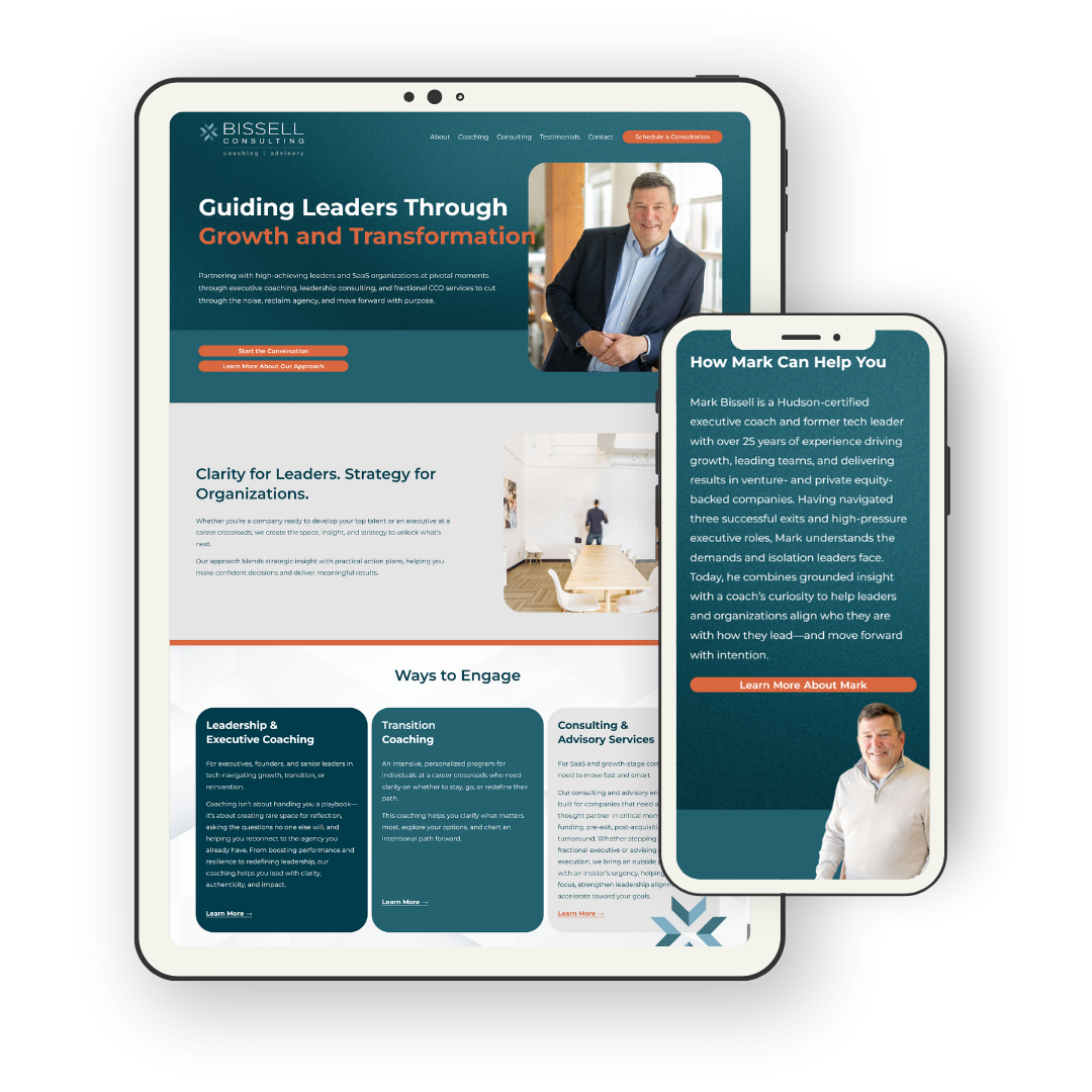 Website displayed on a tablet and smartphone featuring coaching and consulting services, with images of a smiling man in a suit and a casual outfit, and sections about leadership, strategy, and engagement.