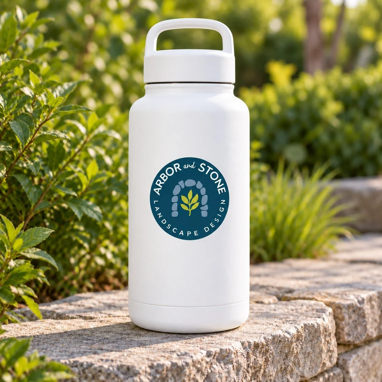 White reusable water bottle with 'Arbor and Stone Landscape Design' logo, placed outdoors on stone ledge surrounded by greenery.