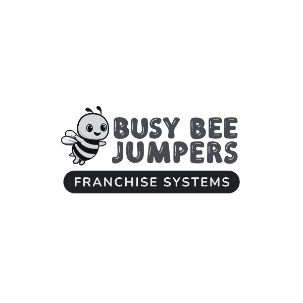 Logo for Busy Bee Jumpers Franchise Systems featuring a cartoon bee with wings next to the business name.