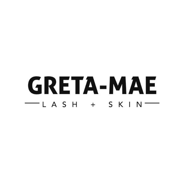 Black logo for Greta-Mae Lash + Skin featuring text in a modern font.