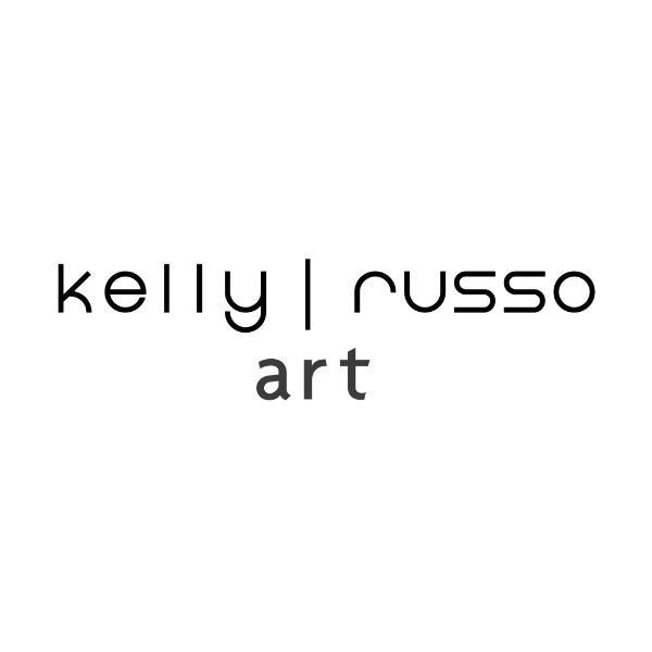 The image contains the words 'kelly russo art' arranged in a creative design with a black background.