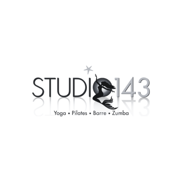 Logo for Studio 143 featuring a black gym ball with a barbells and a star above the text.