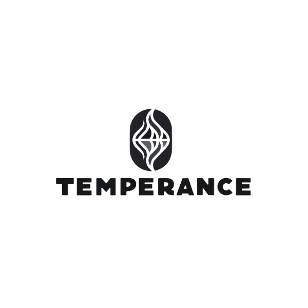 A black background featuring a stylized seed or nut with wavy lines inside, above the word "TEMPERANCE" in bold uppercase letters.