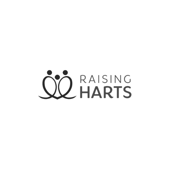 Logo for Raising Harts featuring two overlapping hearts forming human figures, with the text 'Raising Harts' beside it.