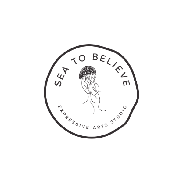 A black logo featuring a jellyfish illustration and the text "Sea to Believe Explressive Arts Studio" in a circular layout.