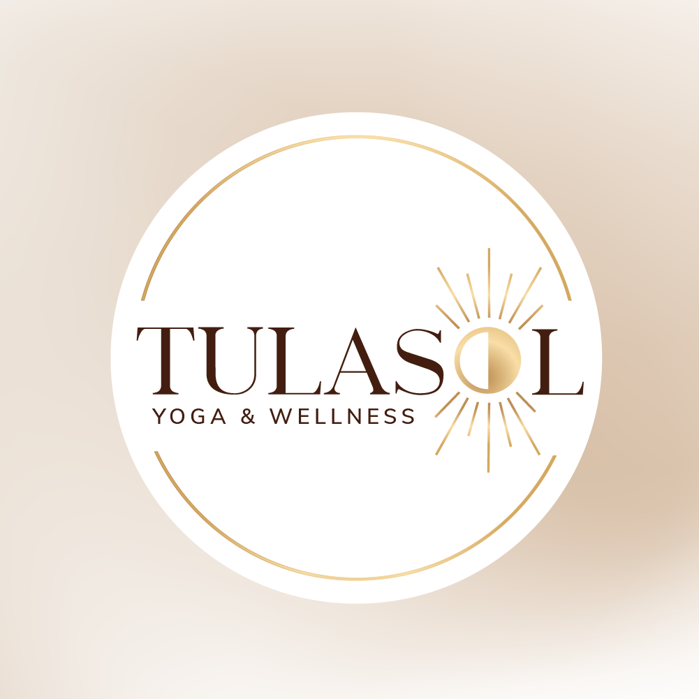 Logo for TULASOL Yoga & Wellness featuring a gold sun and moon design within a white circle on a beige background.
