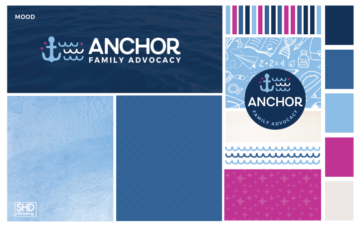 Moodboard with colors and textures for the brand Anchor Family Advocacy designed by SHD Marketing