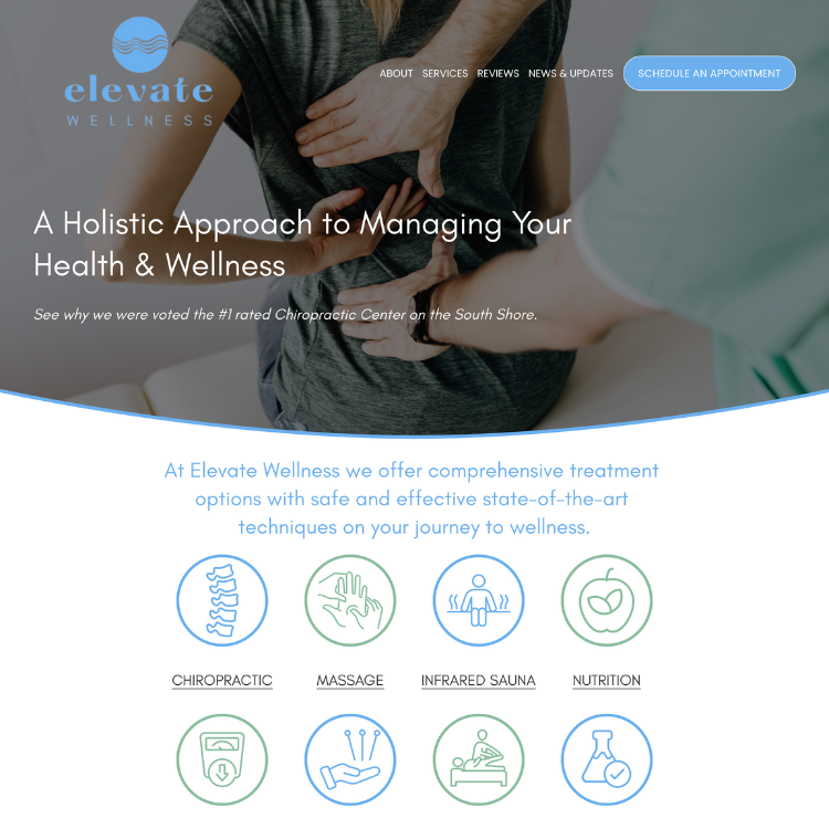 Website homepage for Elevate Wellness, a chiropractic and wellness center. The top banner shows a person receiving chiropractic care. Menu options include About, Services, Reviews, News & Updates, and Schedule an Appointment. The headline reads "A Ho