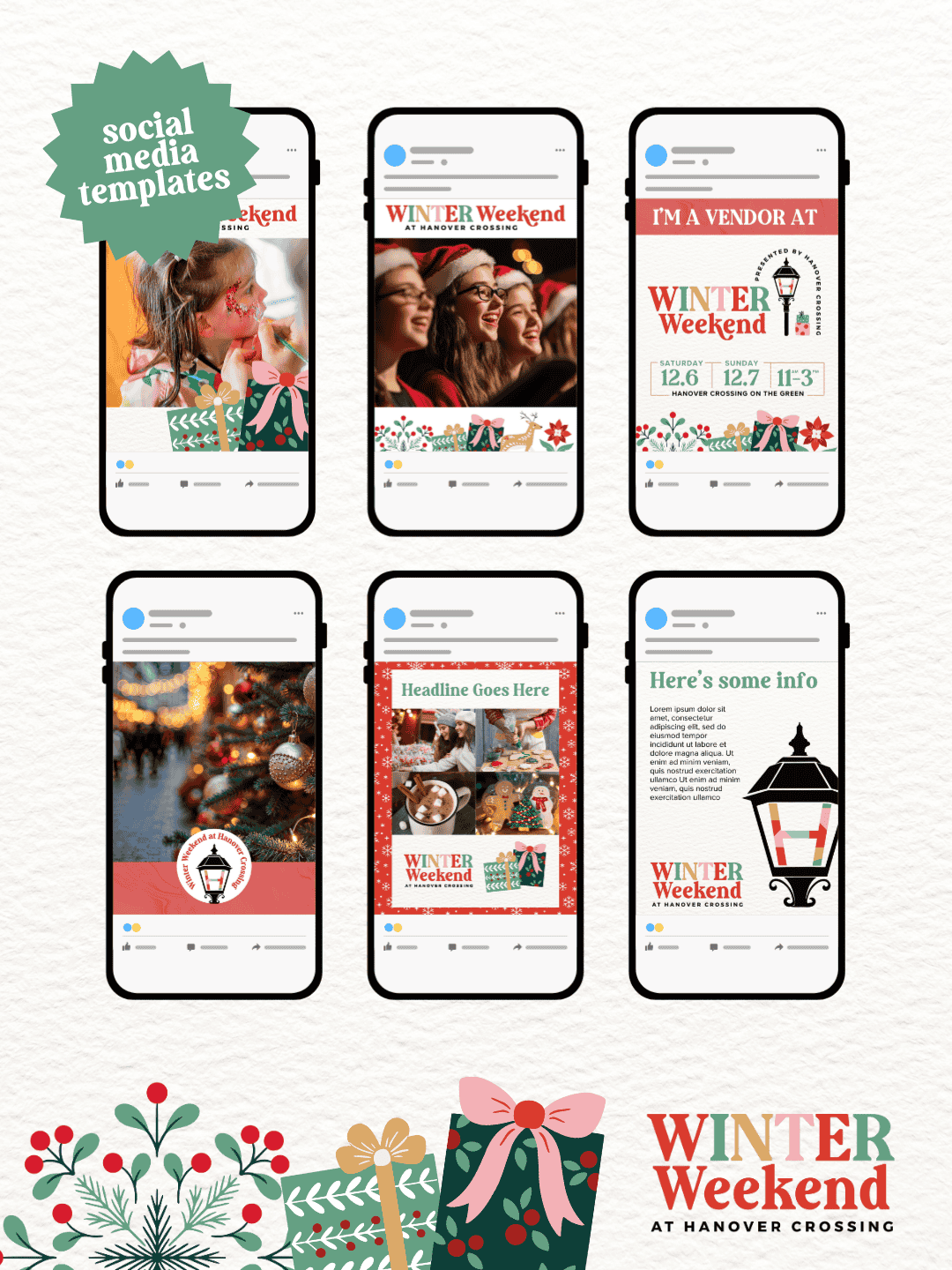 Six cell phones with different social media templates for the Winter Weekend event presented by Hanover Crossing designed by SHD Marketing