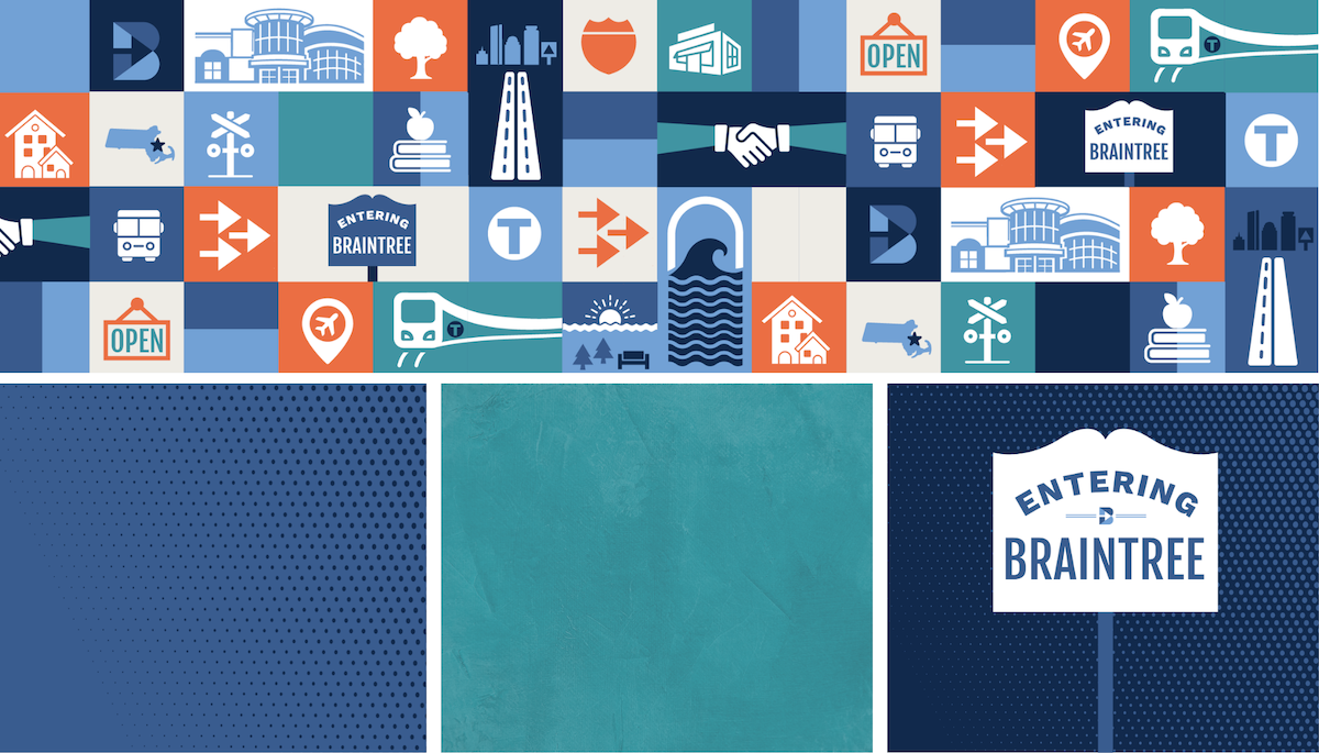 A decorative blueprint-style collage of icons and symbols representing transportation, buildings, nature, and community. It includes signs for entering Braintree, roads, buses, trains, an open sign, a water fountain, and various urban and natural elements in shades of blue, orange, and white.