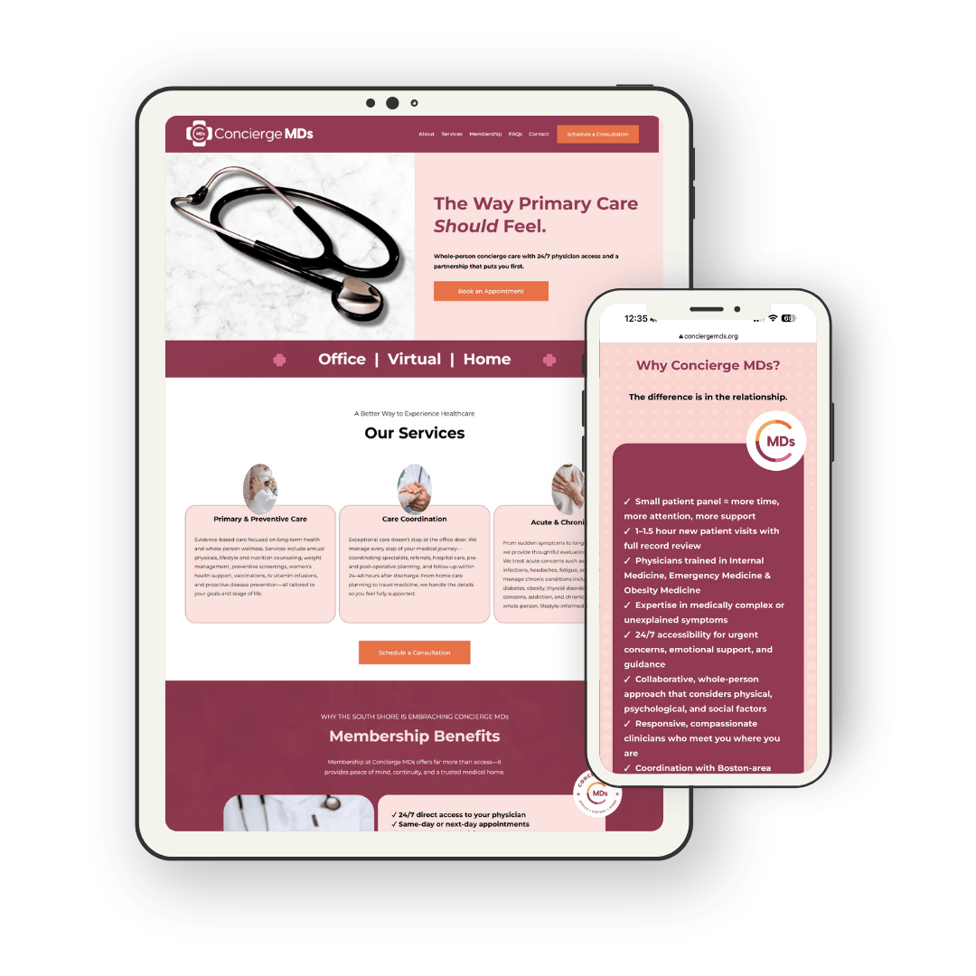 Website design on tablet and smartphone screens for Concierge MDs, featuring stethoscope and text about their services and experience.