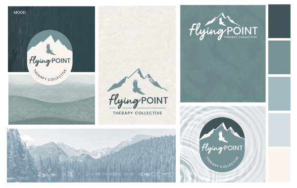 Flying Point Therapy Collective Moodboard with logos and colors as well as textures designed by SHD Marketing