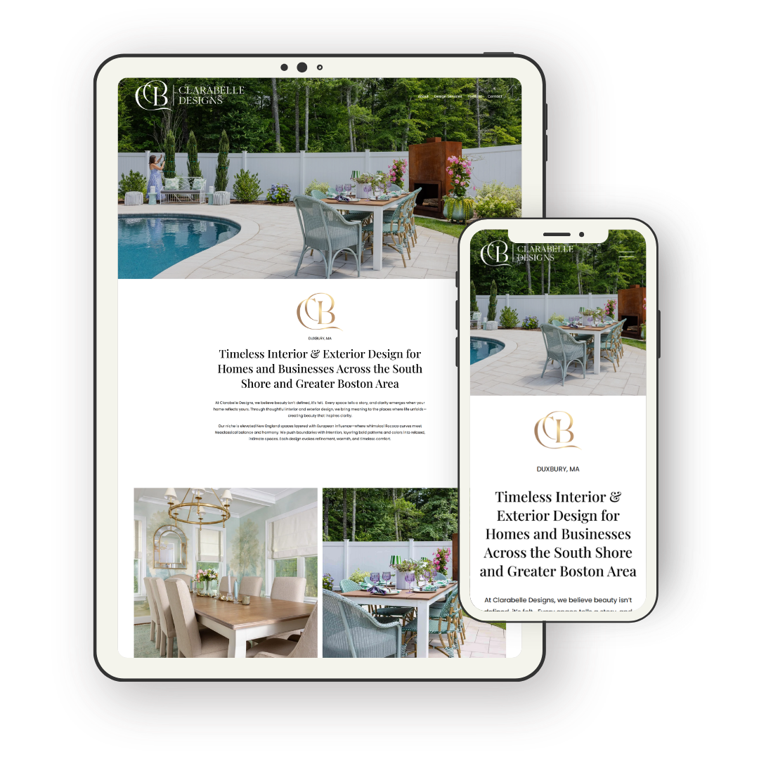 Website and mobile view of Clarabelle Designs showcasing outdoor and indoor interior and exterior home design with a backyard pool, dining area, and decorated interior space.