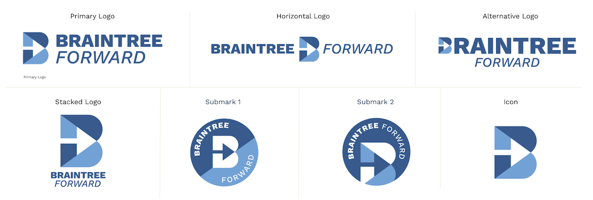 Various logo designs for Braintree Forward, including primary, horizontal, alternative, stacked, and badge styles with arrow symbols and blue color schemes.