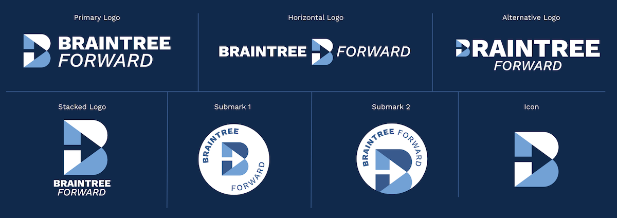 A branding guide showcasing different logo styles for 'Braintree Forward,' including primary, horizontal, alternative, stacked, submark 1 and 2, and an icon, all featuring a stylized letter 'B' with blue and white design elements.