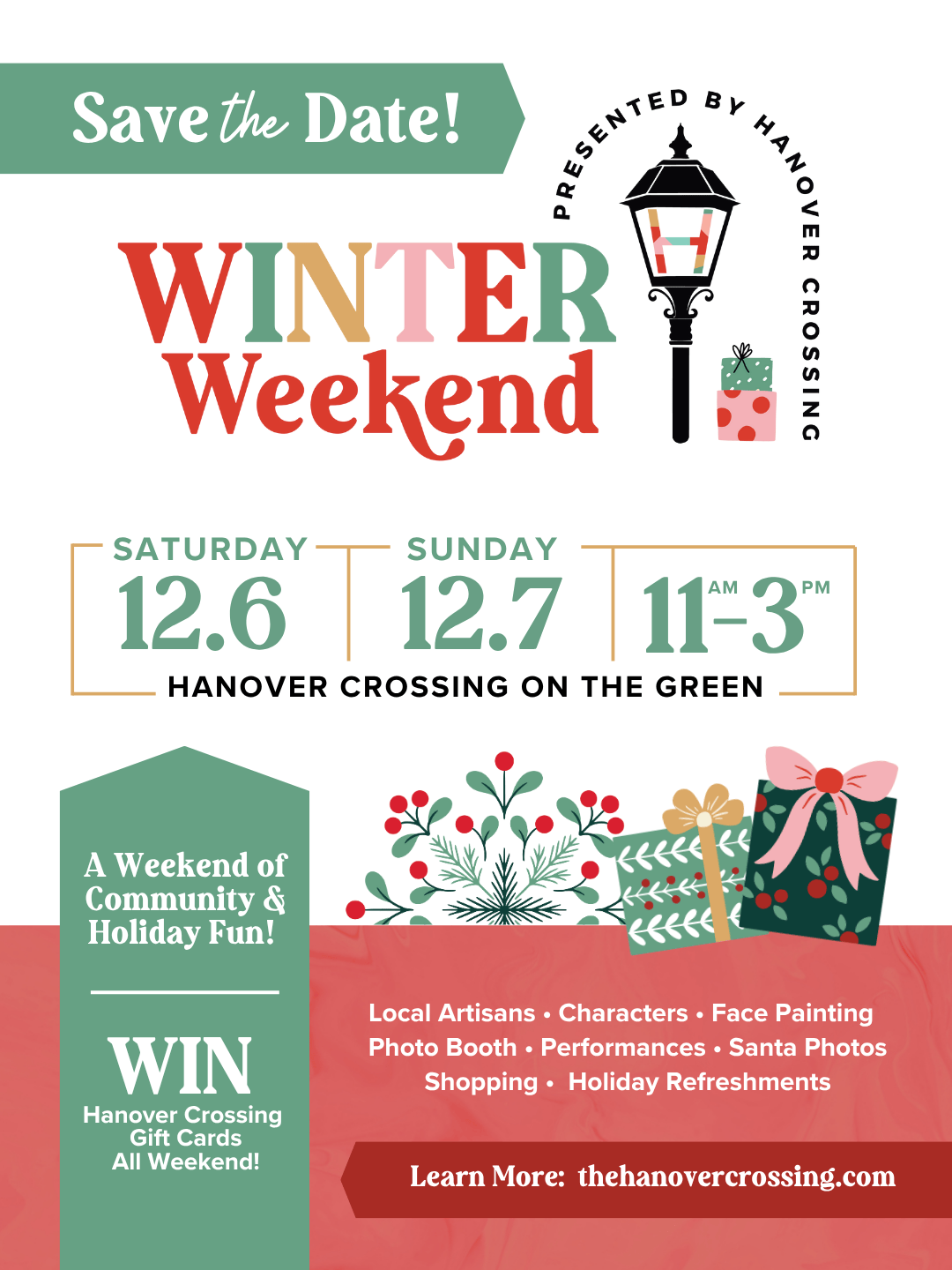 Save the Date with Winter Weekend logo featuring lamppost and presents, dates of the event and location, and description designed by SHD Marketing