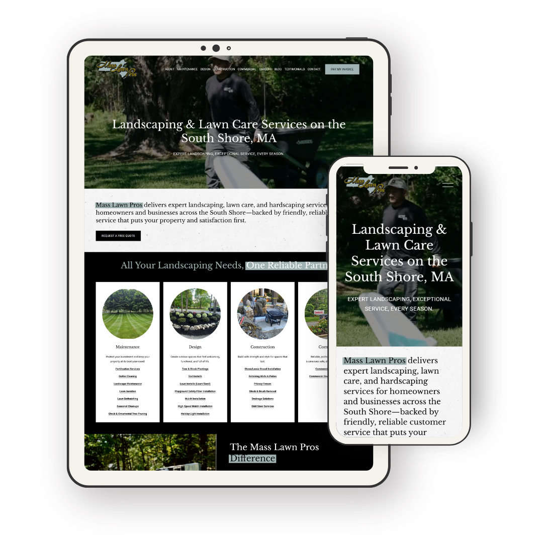 A website on a tablet and a smartphone for a landscaping business called Mass Lawn Pros. The site features a background image of a person pushing a lawn mower, with text promoting lawn care and landscaping services on the South Shore of Massachusetts