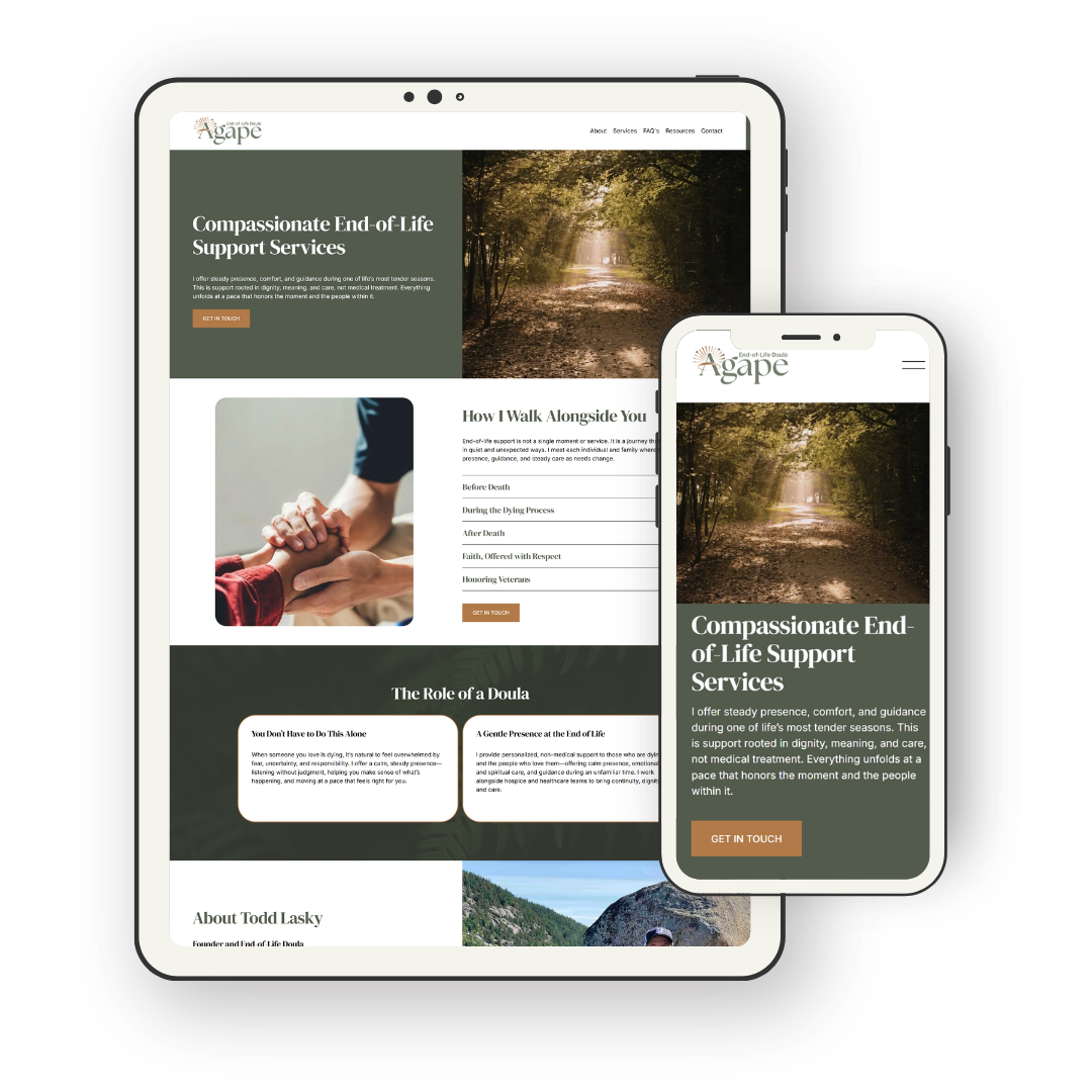 Website displayed on a tablet and smartphone for Agape End-of-Life Doula services, featuring images of a wooded path and people holding hands, with sections about end-of-life support and the role of a doula.