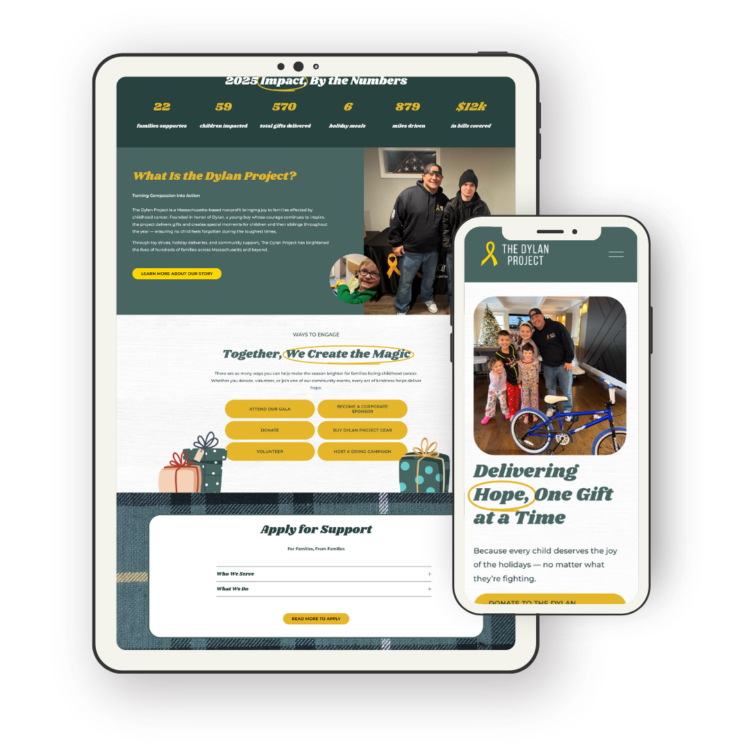 Screenshots of a website for The Dylan Project displayed on a tablet and smartphone, showing information about supporting children with childhood cancer, including impact numbers and ways to engage and support.