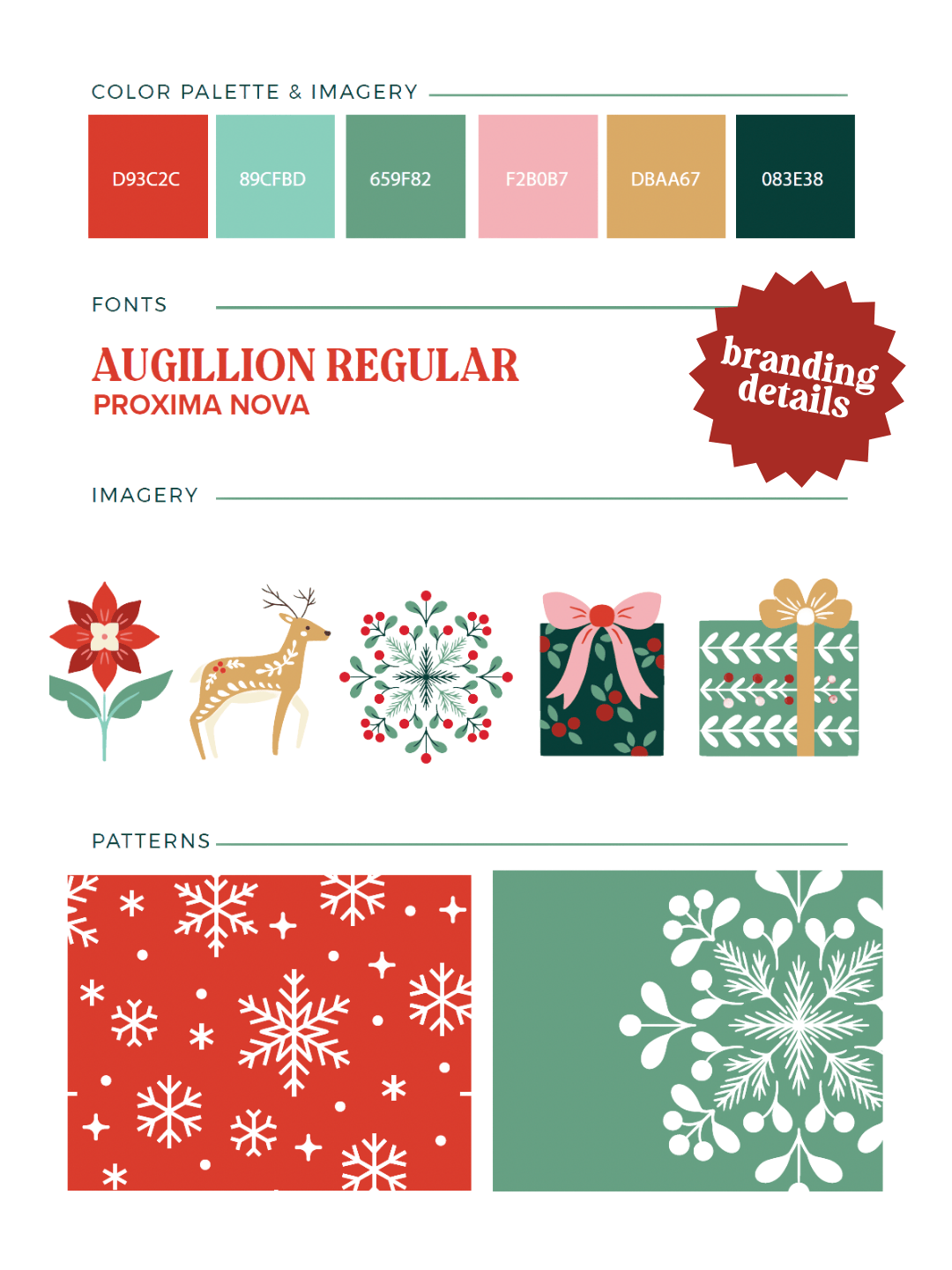 Brand colors and fonts and imagery for winter weekend event with snowflakes and poinsettia designed by SHD Marketing