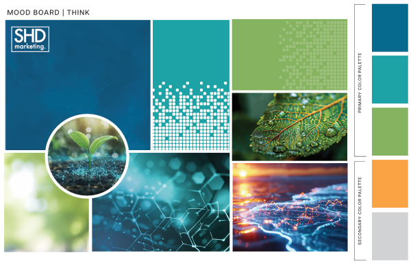 Moodboard for ThinkTLS including blue and green imagery and brand colors designed by SHD Marketing
