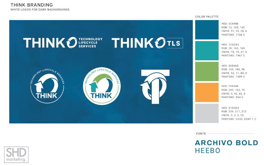 ThinkTLS branding board with white logos on dark background designed by SHD Marketing