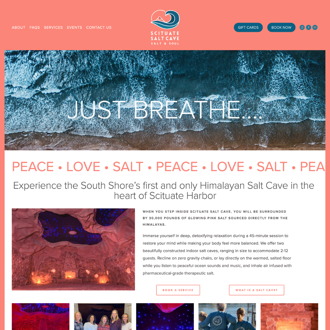 Webpage for Scituate Salt Cave with a header featuring a wave logo and navigation links, ocean wave image with 'Just Breathe...' text, promotional message about Himalayan Salt Cave experience, an interior photo of the salt cave with pink and blue lig