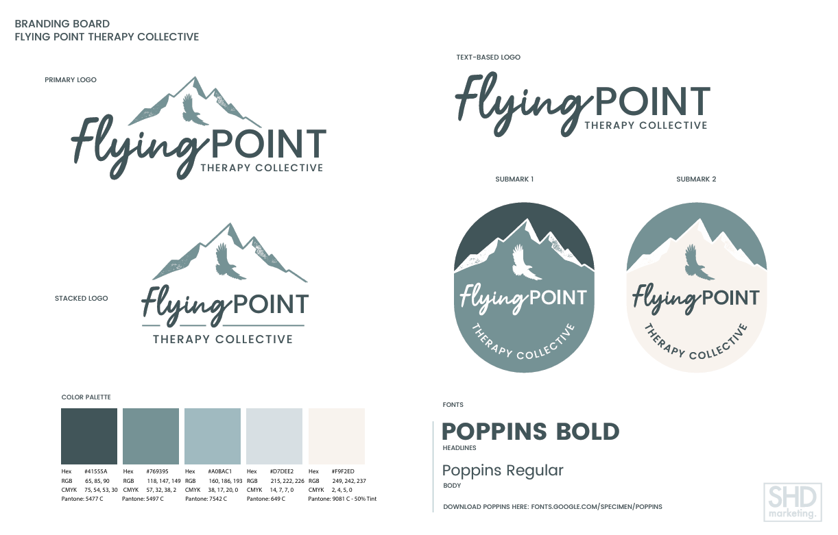 Branding Board for Flying Point THerapy Collective showing logo variations, brand colors, and fonts designed by SHD Marketing