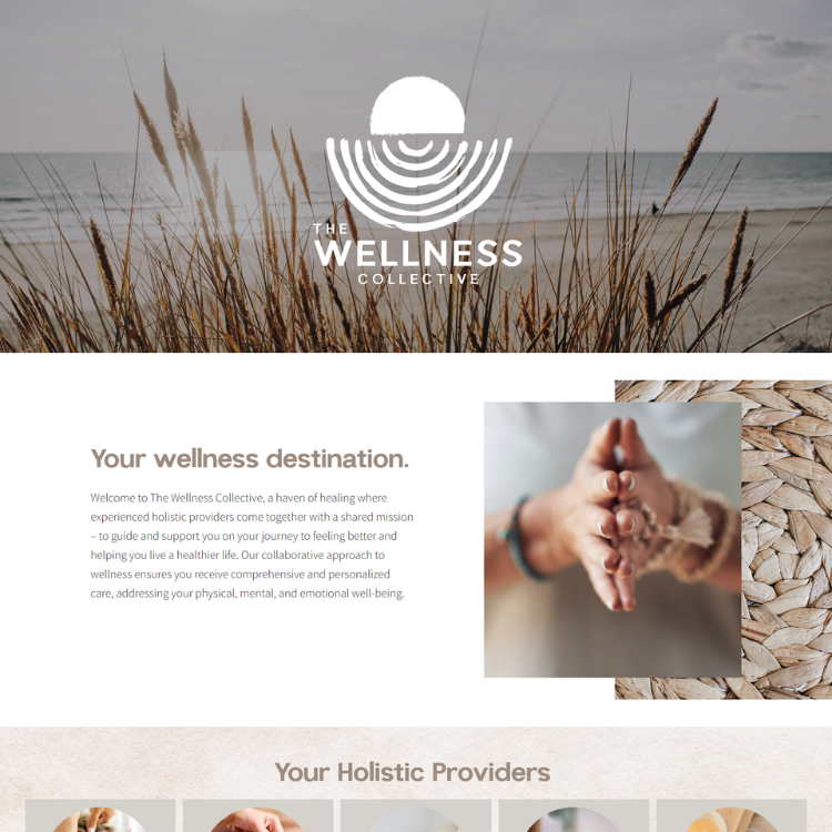 A logo with a sun and circular waves above the text "The Wellness Collective" over a beach scene with tall grass and a cloudy sky.