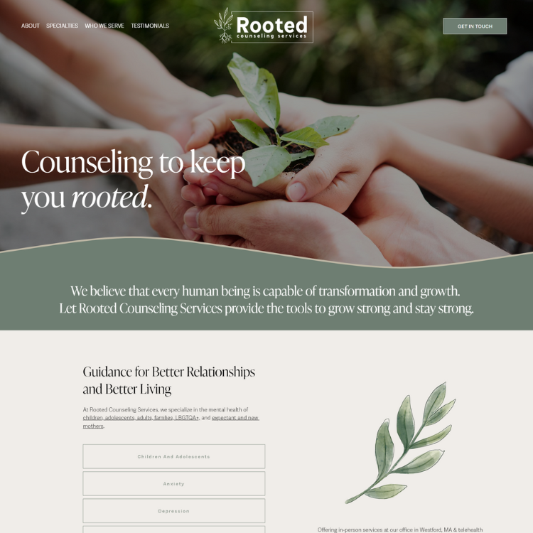 Website homepage for Rooted Counseling Services featuring a background image of two hands holding a small plant, with text about counseling and growth.
