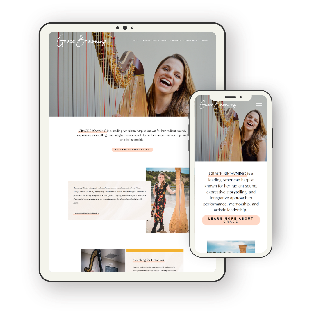 A website displayed on a tablet and smartphone screen featuring Grace Browning, a harpist. The site shows a large photo of her playing the harp and has sections describing her, with a call-to-action button to learn more.
