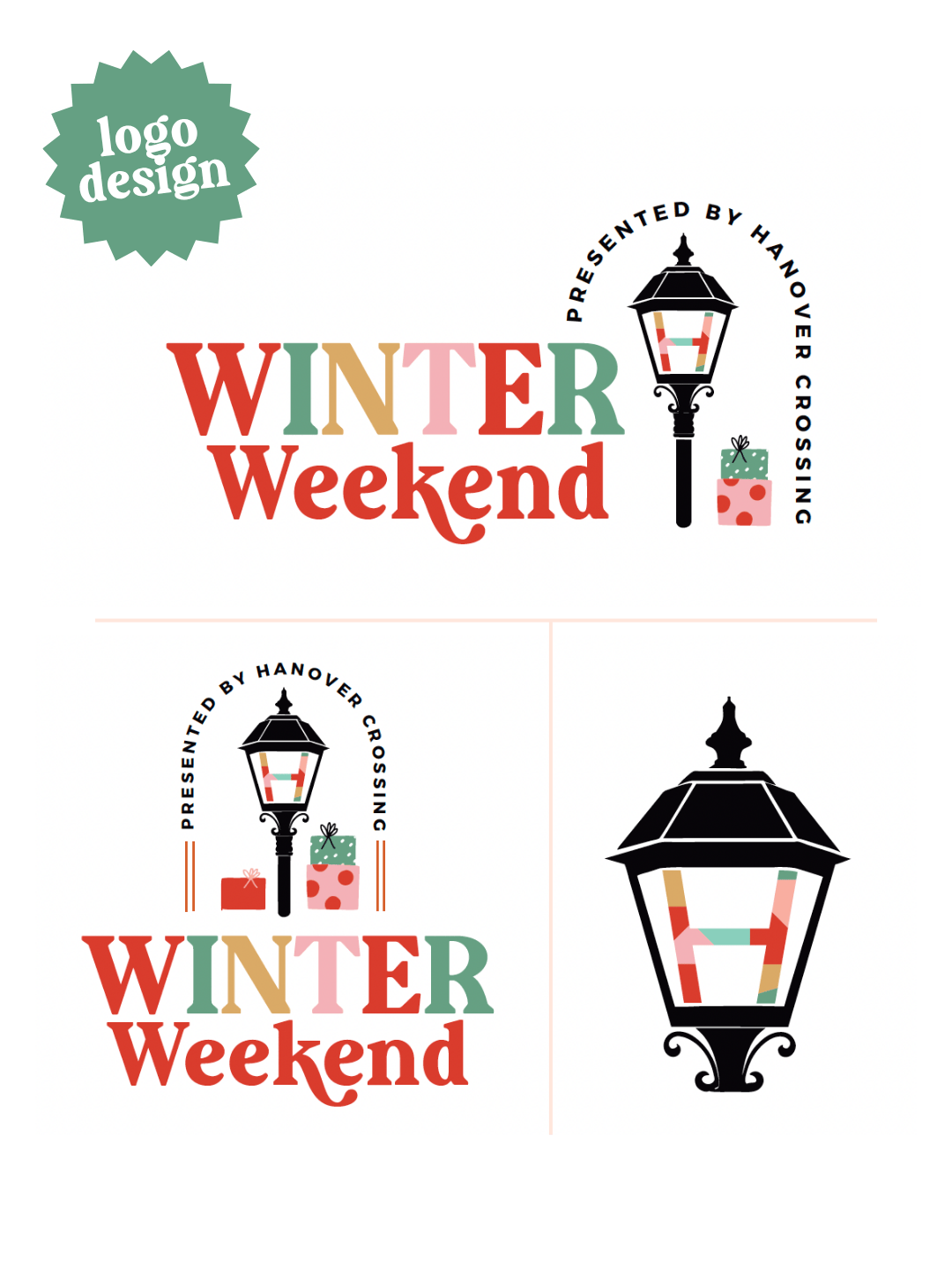 logo versions for Hanover Crossing event Winter Weekend featuring holiday colors, lampposts, and presents