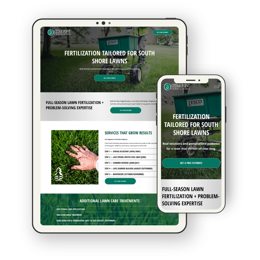 Website displaying lawn fertilization services for South Shore lawns, featuring a green lawn, a person with a lawn care cart, and text promoting tailored fertilization solutions, with an option to get a free estimate, shown on both tablet and smartph
