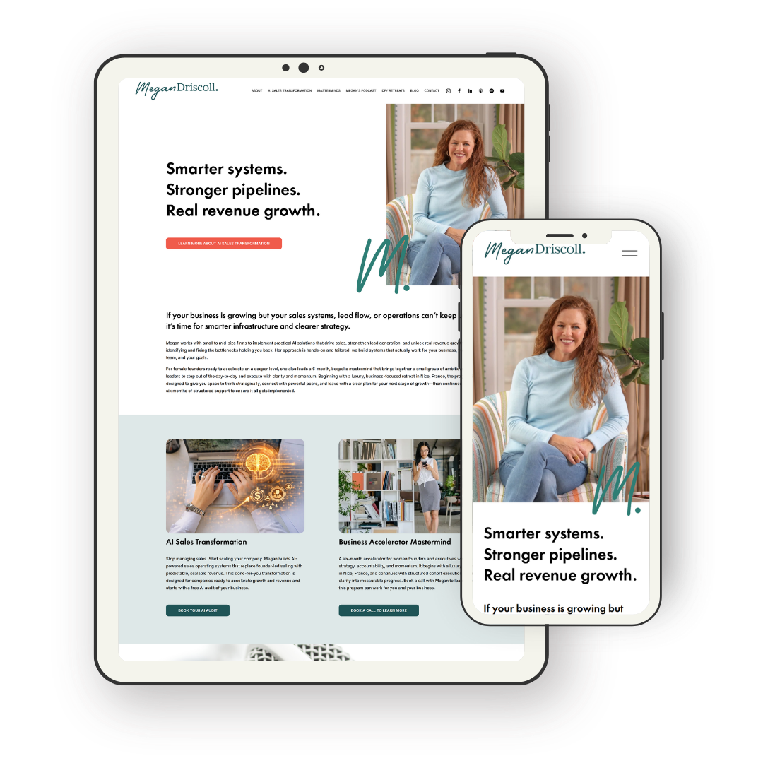Website and mobile view of a professional consulting or business growth service by Megan Driscoll, showing a smiling woman with long curly hair sitting on a chair, with headlines about smarter systems, stronger pipelines, and real revenue growth.
