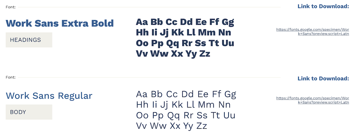 A screenshot of Google Fonts displaying the 'Work Sans' font family in different styles, including Extra Bold and Regular, with links to download the fonts.