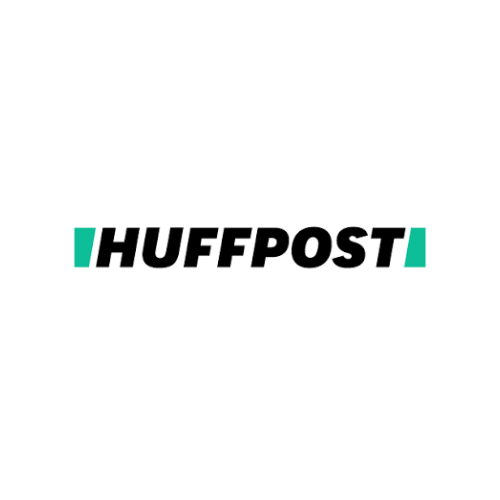 HuffPost logo with bold black letters and teal accent marks on a white background.