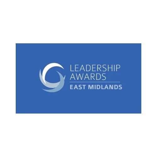 Logo for Leadership Awards East Midlands featuring a stylized circular symbol and text in white and blue.
