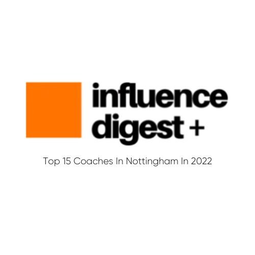 Cover page of Influence Digest+ magazine listing the top 15 coaches in Nottingham in 2022, with a logo consisting of an orange square and the title in bold black text.