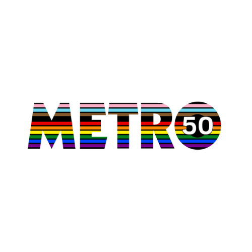 Colorful METRO logo with rainbow stripes and the number 50 inside the letter O.