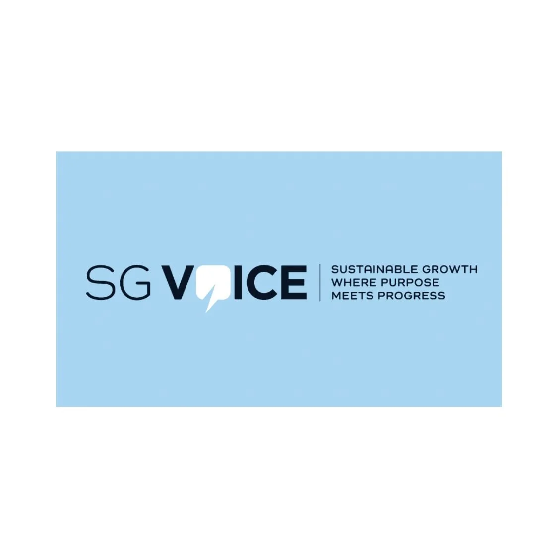 SGVoice logo with a speech bubble and lightning bolt, and the tagline "Sustainable Growth Where Purpose Meets Progress" on a light blue background.