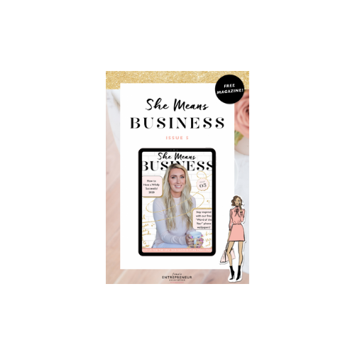 Cover of She Means Business magazine featuring a woman with long blonde hair, a white sweater, and a cup, with a cartoon illustration of a woman in a pink dress holding a bag beside it. The magazine advertises a free magazine and highlights entrepren