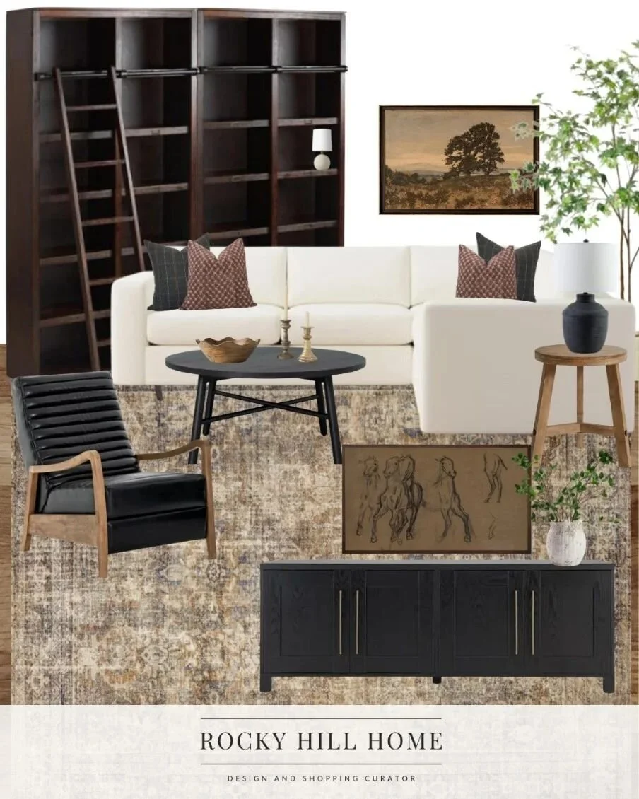 A little bit library, a little bit den, a little bit family lounge, this room is sophisticated and cool. ✨

All sources are linked in the &quot;Shop LTK&quot; button in my bio and in the &ldquo;Feb &lsquo;23&rdquo; highlight! If you're having trouble