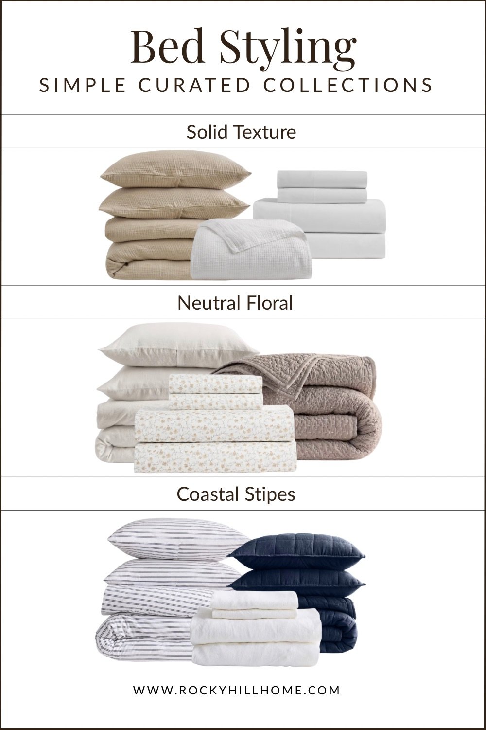 Infographic showing three Quince bedding styles: Solid Texture with waffle weave, Neutral Floral with quilted layers, and Coastal Stripes with navy accents.