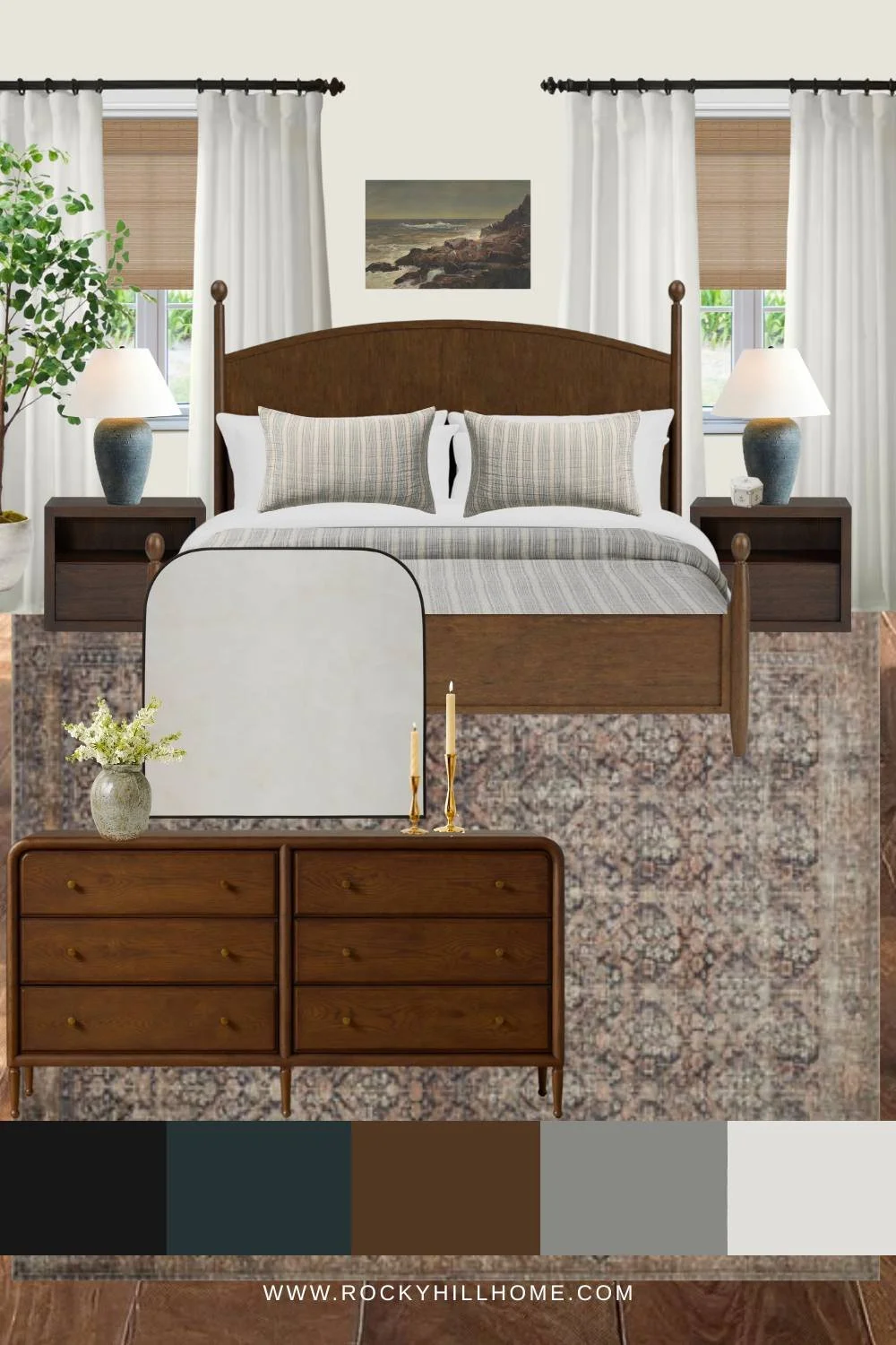 Neutral Bedroom with Blue Accents Mood Board in a Warm Modern Traditional Style