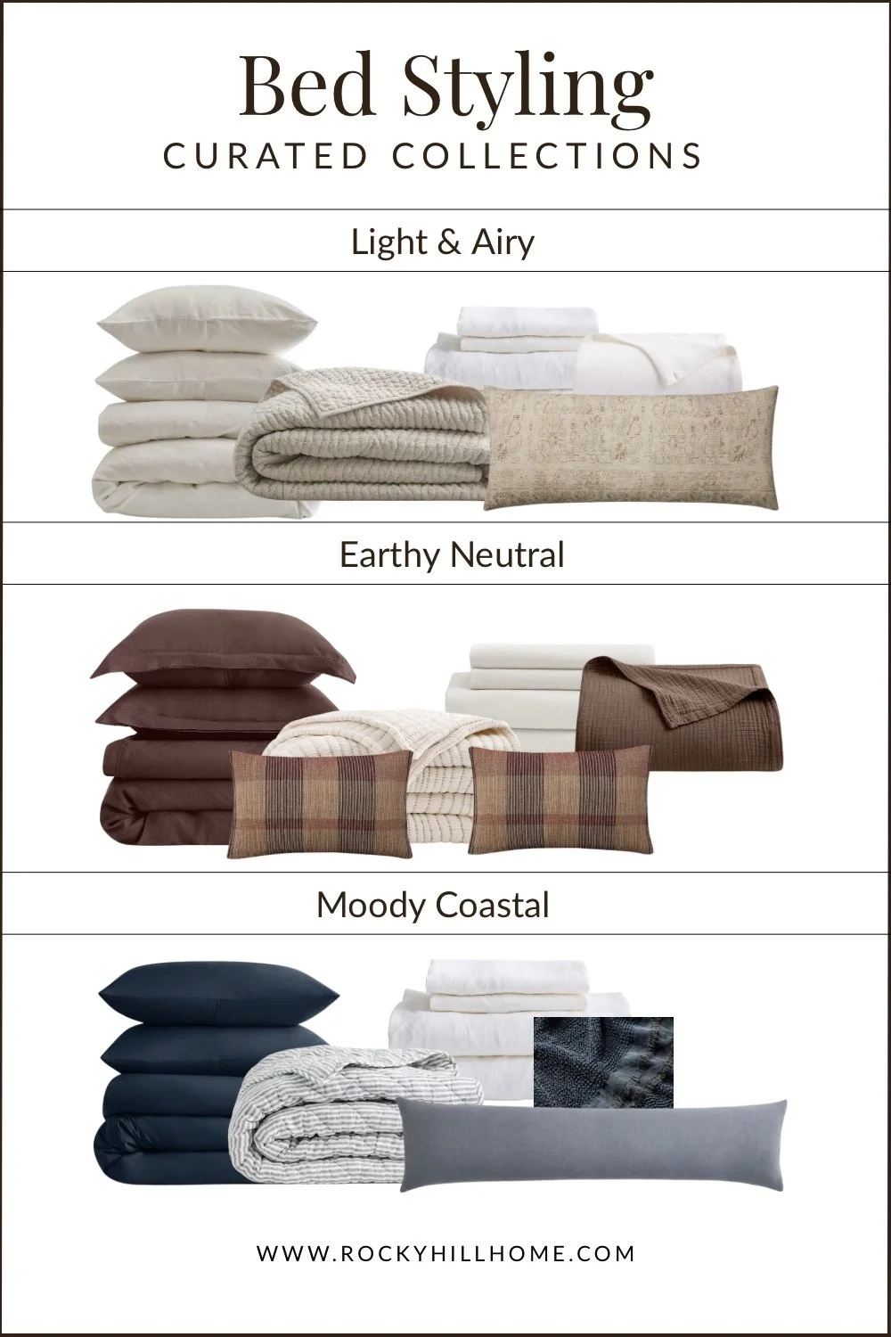 Three curated bed styling collections from Rocky Hill Home: 'Light & Airy' in cream, 'Earthy Neutral' in chocolate brown and plaid, and 'Moody Coastal' in navy and slate blue."