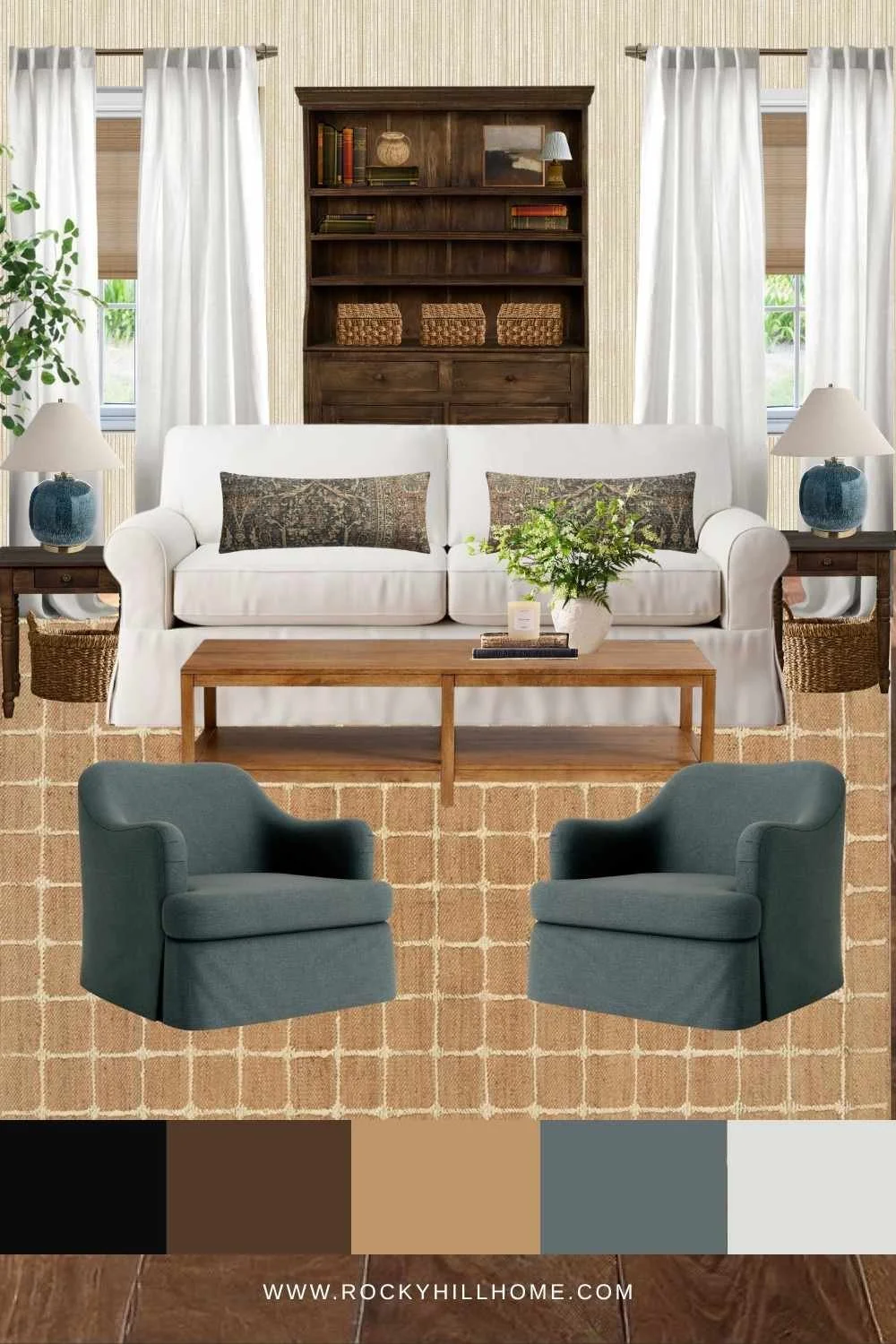 New England style living room mood board with white slipcovered sofa, blue accents, warm wood and texture