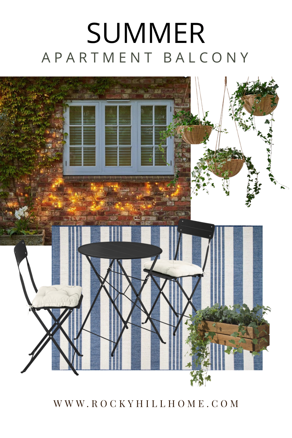 Mood board for small apartment balcony ideas with Ikea bistro table set, planters, blue and white striped outdoor rug, and Pottery Barn solar powered lit ivy garland