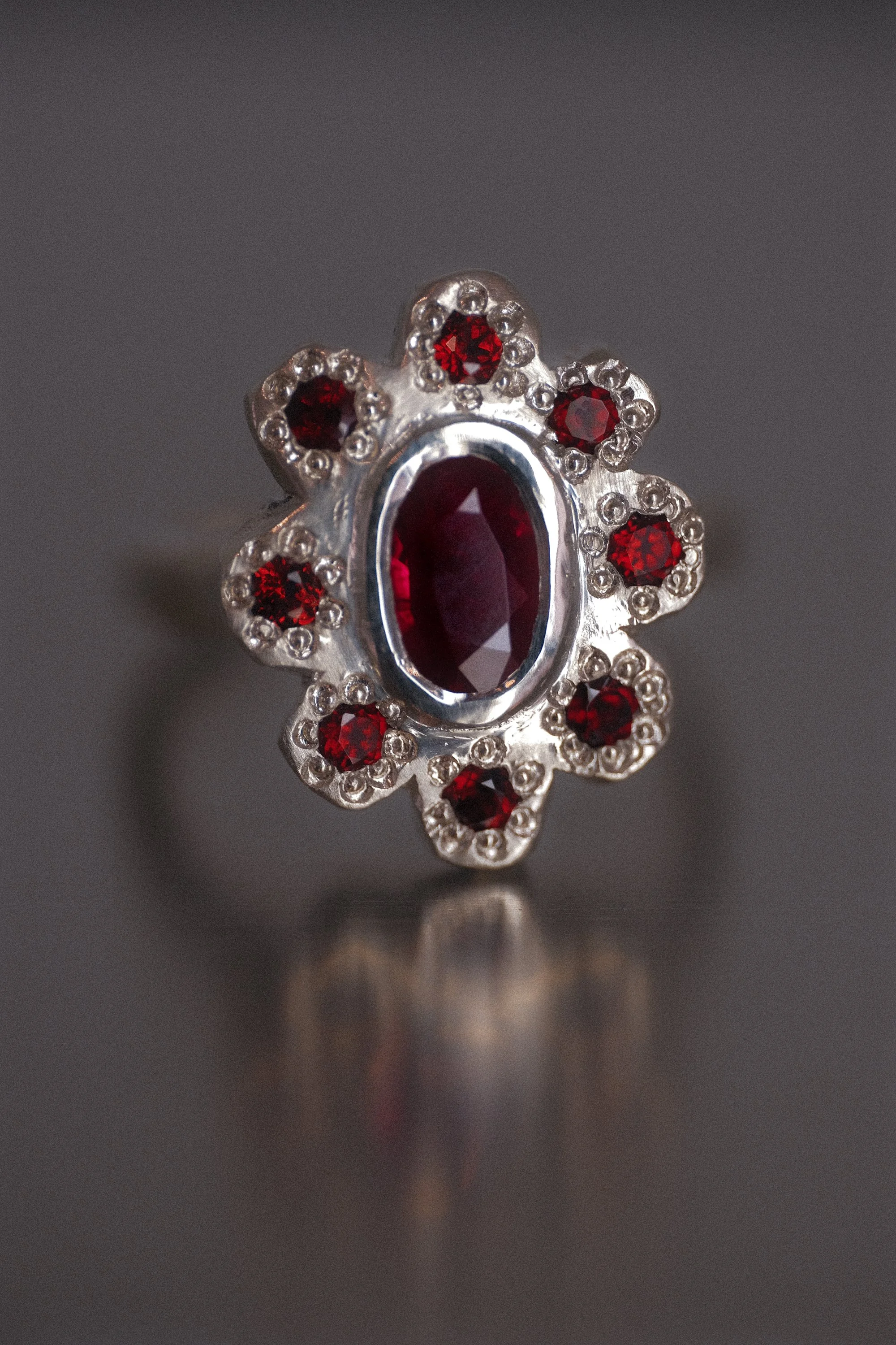 Little Marie Ring - White Gold, Ruby + Garnets